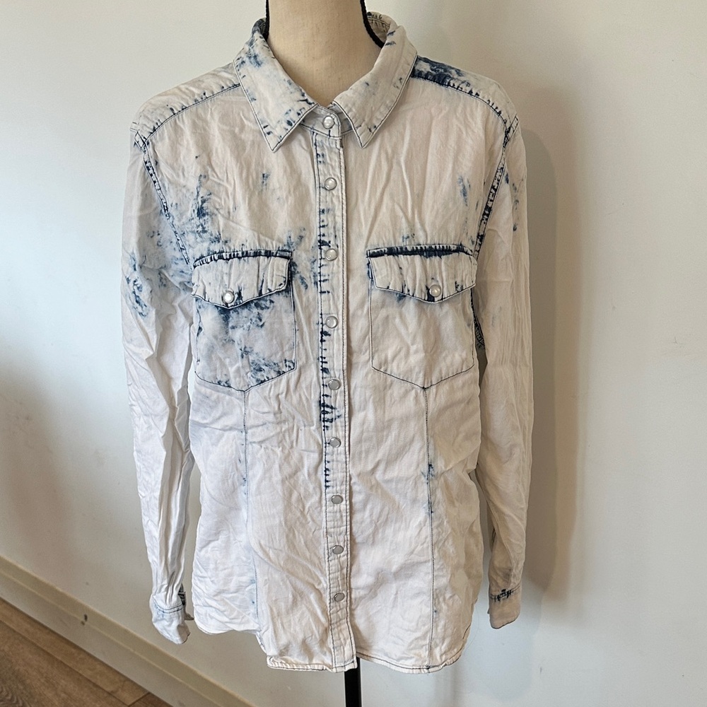 Ali & Kris Long Sleeve Denim Pearl Snap Western Button Up Shirt Large Tie-dye